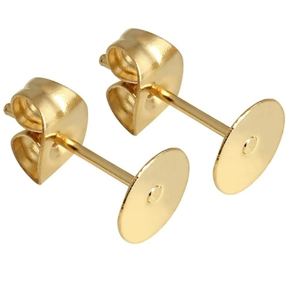 Gold and Silver Earring Posts Flat Pad Blanks Pin Studs and Clear Rubber Backs - Picture 2 of 6